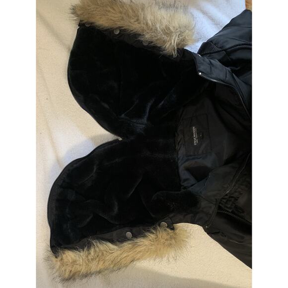 Steve Madden Bomber Jacket L Black Sherpa Faux Fur Hooded - Picture 6 of 7